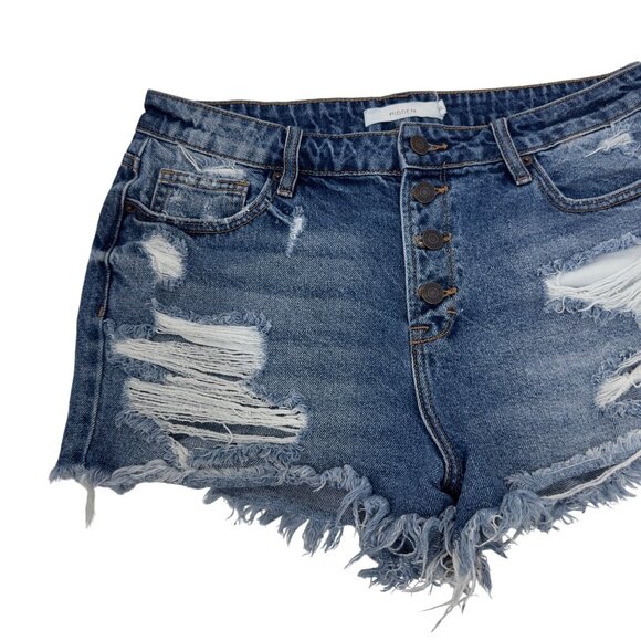 HIDDEN Women Distressed Blue Denim High-Waisted Shorts XL Frayed Hem Button Fly - Picture 2 of 13